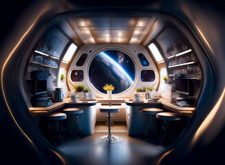 Poster - A futuristic kitchen with a large window overlooking a view of Earth from space.