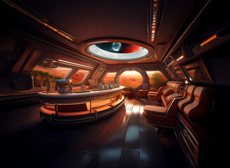 Poster - A futuristic bar with large windows overlooking a red desert landscape.