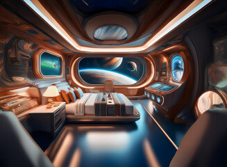 Poster - A futuristic bedroom with large windows overlooking a vibrant cosmic landscape.