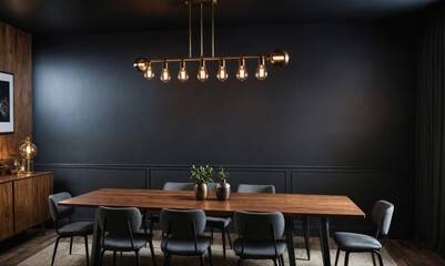 Wall Mural - A rustic wood dining table sits under a modern chandelier in a dining room with dark walls and a wooden accent wall