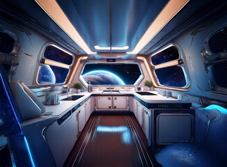 Poster - A futuristic kitchen with a view of a distant planet through multiple windows.