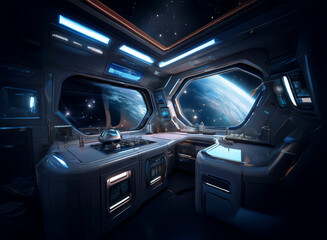 Poster - A futuristic kitchen with a view of Earth from a spaceship window, illuminated by blue lights against a starry sky.