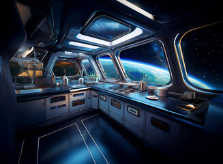 Poster - A futuristic kitchen with large windows looking out at a planet from a spaceship.