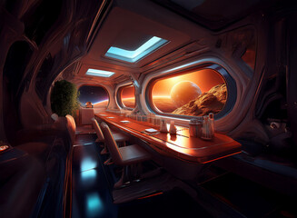 Poster - A futuristic bar with a view of a distant planet.