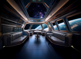 Poster - A futuristic spaceship interior with large windows looking out onto Earth and a view of the starry night sky.