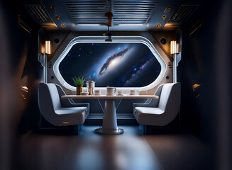 Poster - A futuristic dining room with a large window overlooking a stunning view of a galaxy in space.