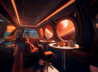 Poster - A futuristic cafe with large circular windows overlooking a red planet with rings.