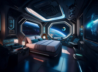 Poster - A futuristic bedroom with a large window overlooking a planet and stars.
