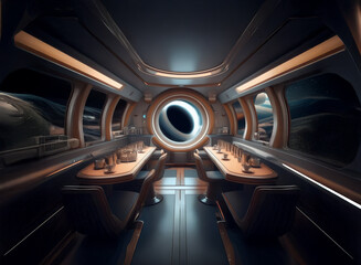 Poster - The interior of a spaceship with large windows showing a view of planets and a black hole in the distance.