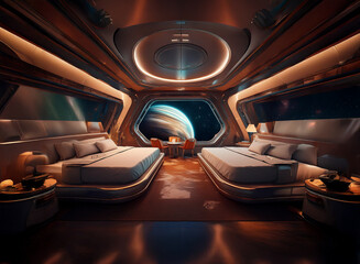 Poster - A futuristic bedroom with two beds, a large window overlooking a planet, and a small table with a lamp.