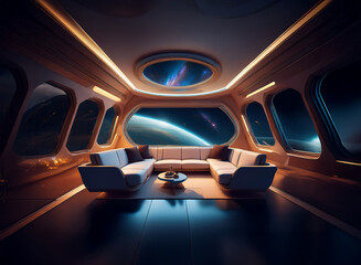 Poster - A futuristic living space with large windows overlooking a planet and stars. The room is decorated with comfortable seating and a coffee table.