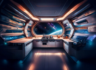 Poster - A futuristic kitchen with a large window overlooking a distant planet and a starry sky.