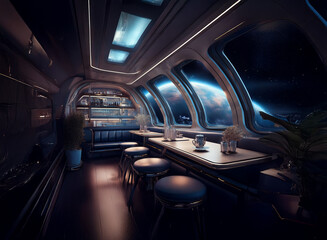 Poster - A futuristic spaceship lounge with large windows overlooking a planet.