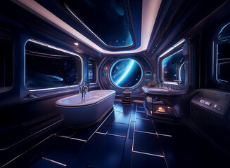 Poster - A futuristic bathroom with a large window overlooking a distant planet and a starry sky.