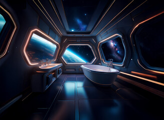 Poster - A futuristic bathroom with a bathtub and sink, featuring large windows that offer a view of Earth and space.