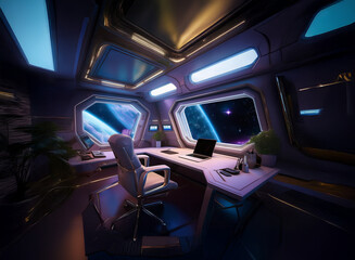 Poster - A futuristic office space with a large window overlooking a vibrant planet and starry sky.