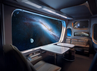Poster - A futuristic, spacious interior with large windows showcasing a breathtaking view of a starry galaxy and a distant moon.
