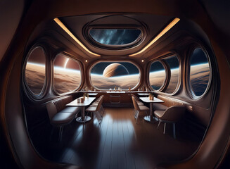 Poster - A futuristic dining room with large windows overlooking a red planet and a gas giant.