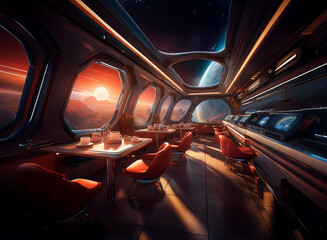 Poster - A futuristic dining area with large windows overlooking a red sunset and a distant planet, featuring red seats and a table set for a meal.