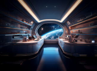 Poster - A futuristic, spaceship interior with a large window revealing a view of Earth from space.