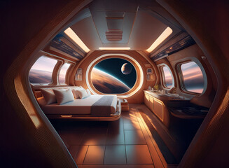 Poster - A futuristic spaceship cabin with a large window overlooking a planet and moon in the distance. The room contains a bed and small kitchen area.