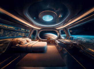 Poster - A futuristic bedroom with a view of a planet with rings, a bed, a desk, and large windows.