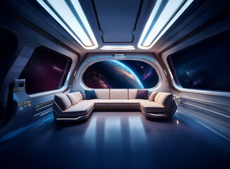 Poster - An interior view of a spaceship with large windows overlooking a planet.  The room contains a large couch and is illuminated by sleek modern lighting.