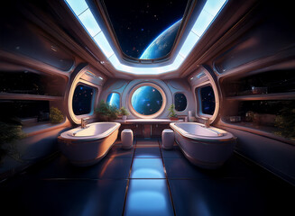 Poster - A futuristic bathroom with two bathtubs, a large window overlooking a planet and stars, and plants.