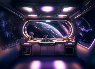 Poster - A futuristic kitchen with a large window overlooking a distant planet, stars, and a swirling nebula in the vastness of space.