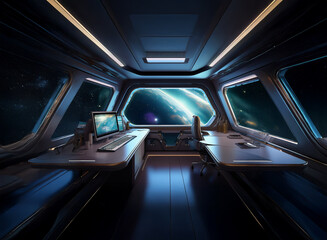 Poster - A futuristic spaceship interior with large windows showcasing a distant, colorful nebula and a star field.