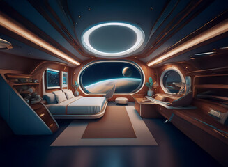 Poster - A futuristic bedroom with large windows showcasing a view of a planet and a moon in the night sky.
