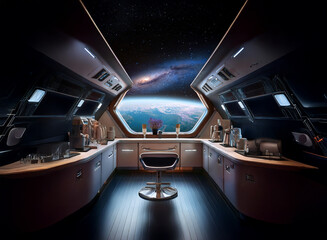 Poster - A futuristic kitchen with a large window that looks out onto a view of Earth and a distant galaxy.