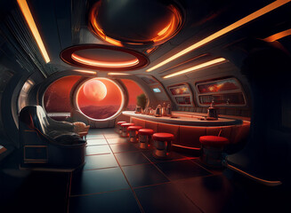 Poster - A futuristic bar with a large window showcasing a red planet and its landscape.