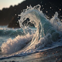 Sticker - Fluid Simulation of Ocean Waves Crashing at Sunset Along a Coastal Shore. Generative AI