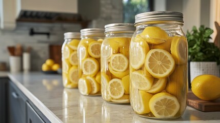 Wall Mural - Fresh lemons in jars on kitchen counter surrounded by natural light and wooden elements