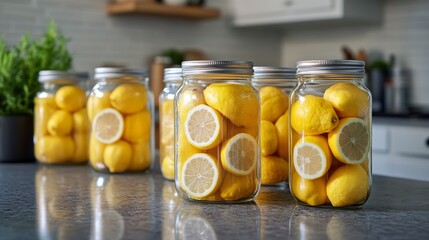 Wall Mural - Fresh lemons in jars on kitchen counter surrounded by natural light and wooden elements