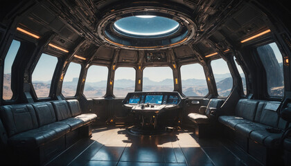 The cockpit of a futuristic spacecraft overlooks a barren landscape