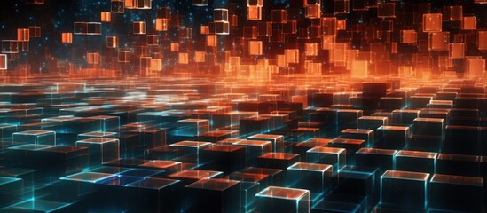 Abstract digital background with glowing orange and blue cubes.