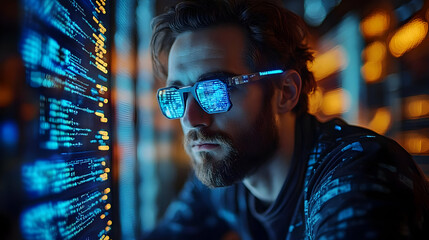 Man in Glasses Looking at Code on Screen - Photo