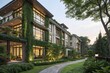© Man888 - Modern Residential Building Exterior Featuring Multiple Floors and Large Windows Surrounded by Lush Greenery in a Bokeh Effect for a Dreamy Aesthetic