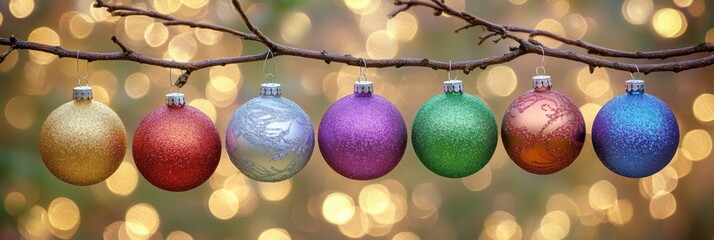 Aufkleber - Vibrant ornaments of various colors adorn a branch, adding a cheerful touch to the holiday season with warm, twinkling lights in the backdrop. Generative AI