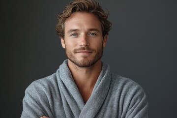 portrait caucasian man in grey bathrobe on grey background