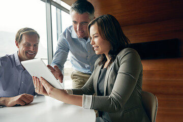 Aufkleber - Business, people and happy with tablet at office for advice, consultation and discussion on investment opportunities. Meeting, employees and strategy on website with report, feedback or share value