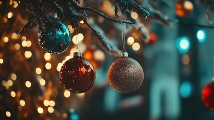 Aufkleber - Brightly colored Christmas ornaments dangle from a tree, shimmering in the festive lights and creating a warm holiday atmosphere. Generative AI