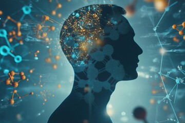 Poster - A human silhouette is surrounded by complex molecular structures and diagrams, representing intricate processes of brain activity and science. Generative AI