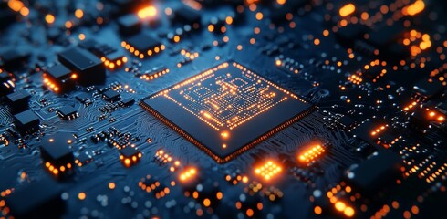 Illustration of a futuristic horizontal digital background with digital circuit networks and glowing lines. Future digital technology concept.