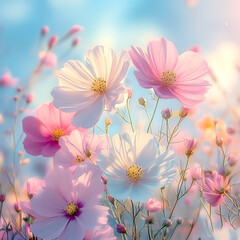 Wall Mural - Beautiful flowers in sky, cosmos in pink and white create serene atmosphere. delicate petals and soft colors evoke sense of tranquility and joy