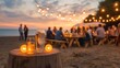 © Dulemegapixel - A beach setting with a group of friends enjoying the sunset under string lights, featuring drinks on a table, capturing warmth and a sense of community.