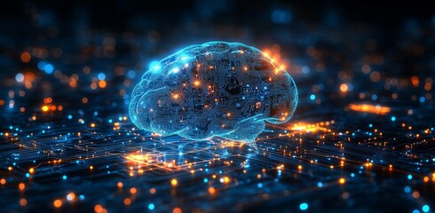 An illustration of a digital circuit network in the shape of a brain. Inventions and technologies of digital data communication.
