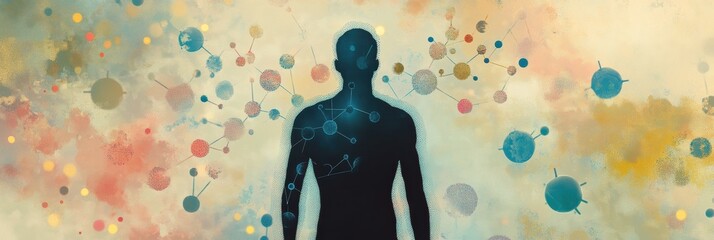 Poster - A human silhouette stands surrounded by colorful molecular structures and diagrams, illustrating the intersection of science and the human experience. Generative AI